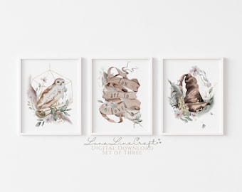 Set of Three Magical Wizard School Prints | Floral Watercolor Printable Wall Art | Whimsical Nursery Print Set | Digital Download S302