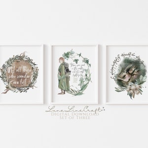 Set of 3 Middle Earth Prints | Woodland Dragon Nursery Watercolor Printable Gallery Wall Art | Modern Cottagecore Tolkien | Digital Download