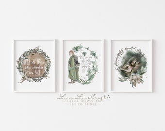 Conjunto de 3 impresiones de la Tierra Media / Woodland Dragon Nursery Acuarela Imprimible Galería Arte de pared / Cottagecore moderno Tolkien / Descarga digital