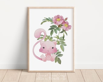 Vintage Botanicals & Mythical Poke Monster | Floral Antique Watercolor Printable Wall Art | Cottagecore Nursery | Digital Download