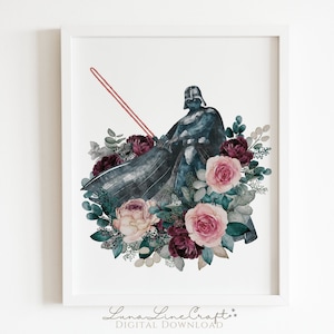 Darth Florals Galaxy Wars Print | Dark Side Moody Watercolor Printable Wall Art | Whimsical Space Father Print | Digital Download