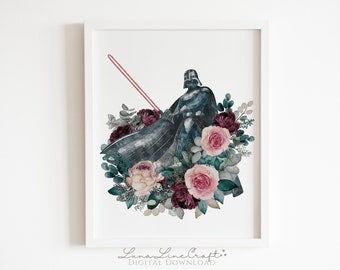 Stampa Darth Florals Galaxy Wars / Dark Side Moody Acquerello Stampabile Wall Art / Stampa Whimsical Space Father / Download digitale