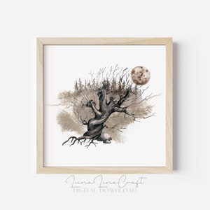 Könnte beinhalten: Ein digitaler Download eines Aquarellgemäldes eines knorrigen Baumes mit einem Vollmond im Hintergrund. Der Baum ist braun und schwarz, und der Mond ist hellbraun. Der Hintergrund ist hellbraun.