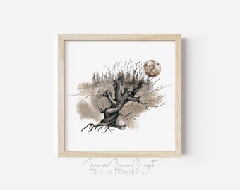 Willow Tree and Moon | Neutral Square Magic Tree Watercolor Printable Wall Art | Whimsical Wizarding School Decor | Digital Download