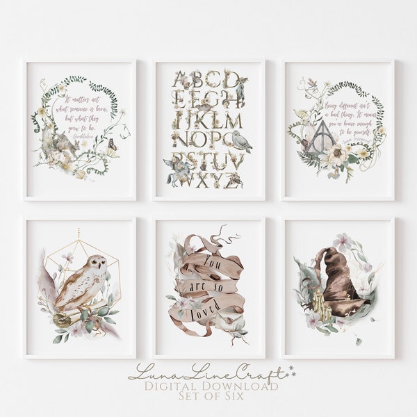 Set of Six Magical Wizard School Prints | Neutral Floral Watercolor Printable Wall Art | Whimsical Nursery Print Set | Digital Download S602