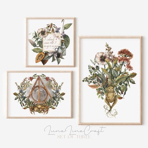 Set of 3 Herbology Prints | Magic Botanical Watercolor Printable Gallery Wall Art | Cottagecore Wizarding Floral Decor | Digital Download