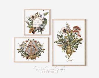 Conjunto de 3 impresiones de herbología / Galería imprimible de acuarela botánica mágica Arte de pared / Decoración floral mágica Cottagecore / Descarga digital