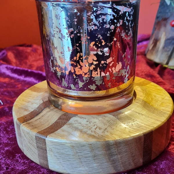 Metallic glass tea light holder with hand turned wooden base