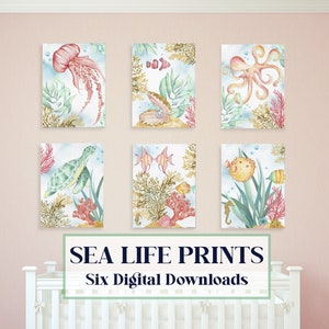 SIX 9x12 Digital Download Sea Life, Fish, Sea Horse, Jelly Fish, Shell Clip Art. Printable, layers, png, baby nursery