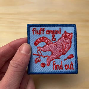 May include: Embroidered patch with a light blue background and a dark blue border. The patch features a pink cat with a red tail and the words "fluff around & find out" in red thread. A small red mouse and a ball of yarn are also depicted.