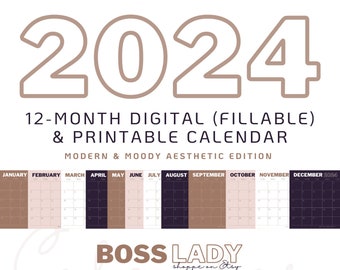 Kalender 2024 (12 maanden) - Direct downloaden, Letter-formaat 11x8,5 (liggend), afdrukbare of digitale kalender (invulbare PDF) - Esthetische kleuren