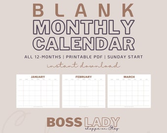 Lege maandkalender, afdrukbare lege kalender, lege kalender, PDF-kalender, zondagstart, stijlvol, modern, esthetisch, instant download