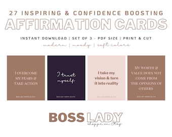 27 inspirerende en vertrouwenwekkende bevestigingskaarten (set van 3) - Direct downloaden, afdrukbaar, PDF-formaat, modern, zelfrespect, minimalistisch