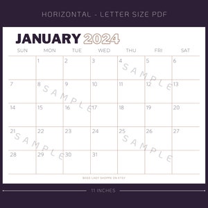 Op de afbeelding: Een printbare januari 2024-kalender in een horizontaal formaat. De kalender is 8,5 inch bij 11 inch en heeft een witte achtergrond met zwarte tekst en grijze lijnen. De kalender is ontworpen voor papier in letterformaat.