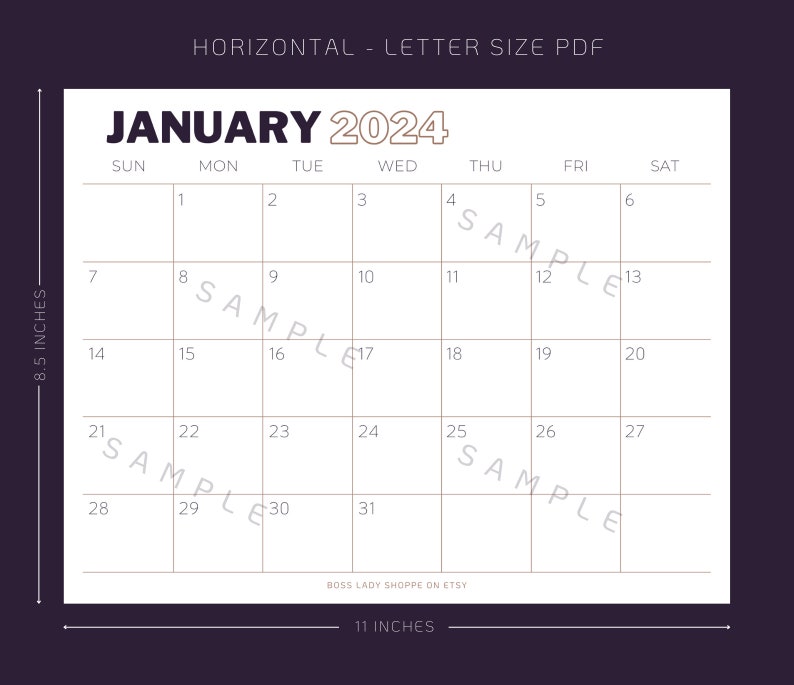 Op de afbeelding: Een printbare januari 2024-kalender in een horizontaal formaat. De kalender is 8,5 inch bij 11 inch en heeft een witte achtergrond met zwarte tekst en grijze lijnen. De kalender is ontworpen voor papier in letterformaat.