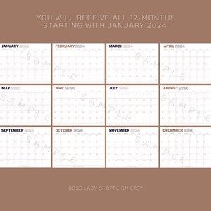 Op de afbeelding: Een printbare kalender voor het jaar 2024. De kalender is verdeeld in 12 maandelijkse pagina's, elk met een rasterindeling voor de dagen van de week. De kalender is ontworpen in een minimalistische stijl met een witte achtergrond en zwarte tekst.