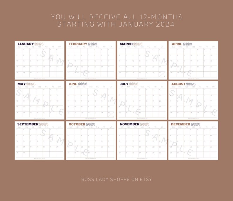 Op de afbeelding: Een printbare kalender voor het jaar 2024. De kalender is verdeeld in 12 maandelijkse pagina's, elk met een rasterindeling voor de dagen van de week. De kalender is ontworpen in een minimalistische stijl met een witte achtergrond en zwarte tekst.