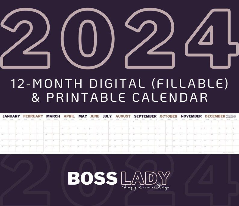 2024 Calendar (12-Months) - Instant Download, Letter Size 11x8.5 (Landscape), Printable or Digital Calendar (Fillable PDF)