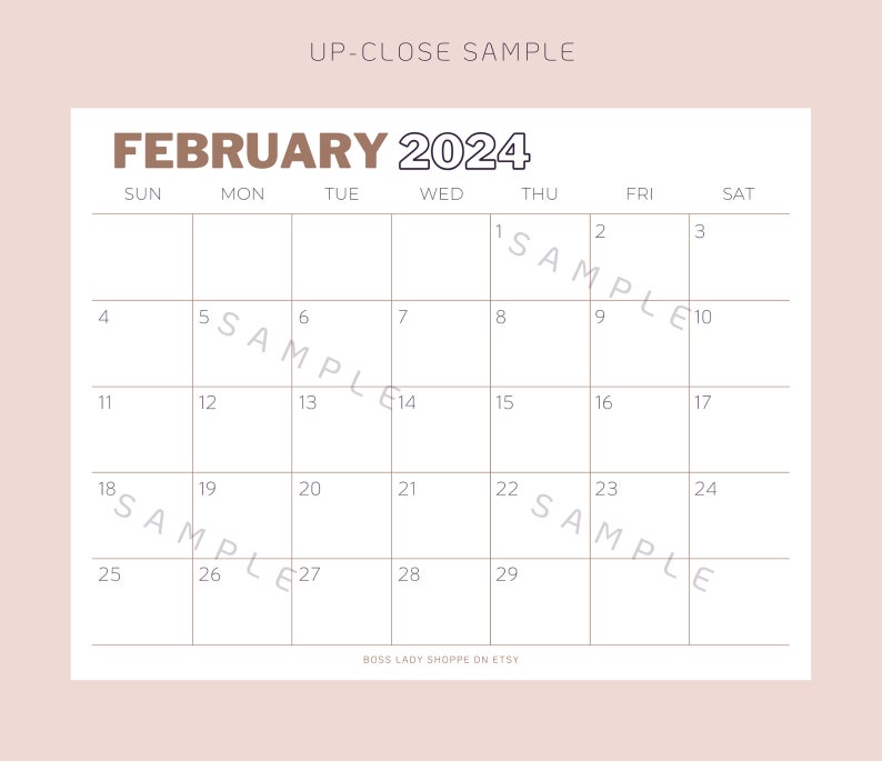 Op de afbeelding: Een printbare kalender voor februari 2024 met een witte achtergrond en zwarte rasterlijnen. De maandnaam en het jaar staan in bruine tekst bovenaan de kalender.