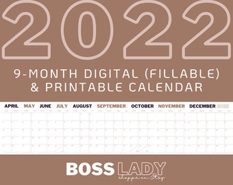 Kalender 2022 (9 maanden) - Direct downloaden, Letter-formaat 11x8,5 (liggend), print of digitaal (invulbare PDF)