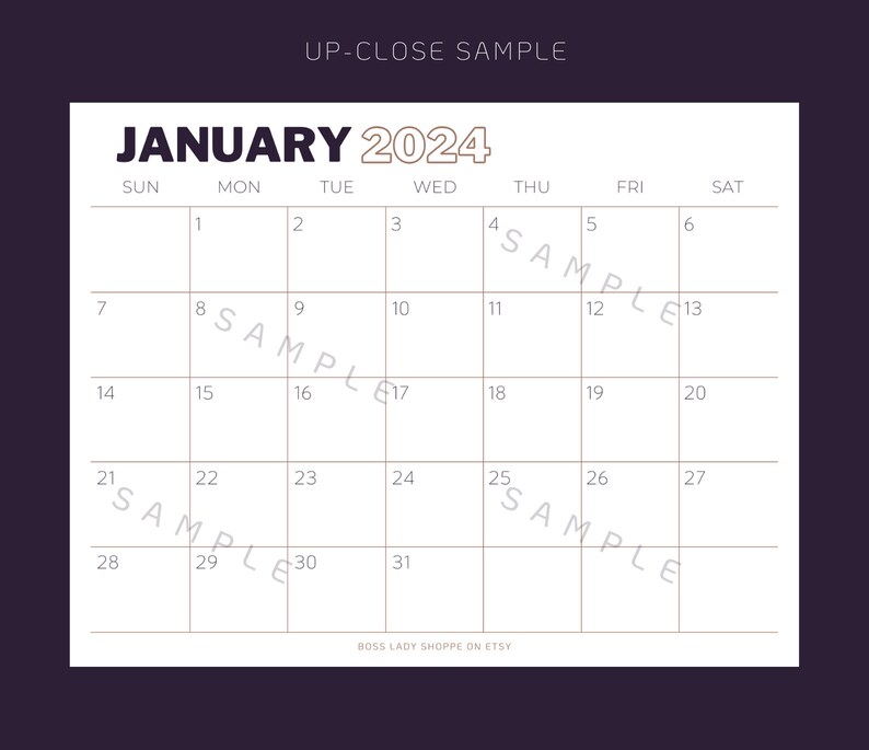 Op de afbeelding: Een printbare kalender voor januari 2024. De kalender is in een eenvoudige, minimalistische stijl met witte vakjes en zwarte tekst. De dagen van de week staan bovenaan vermeld, en de nummers voor elke dag staan in de vakjes eronder.