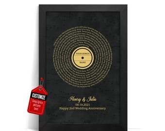 Custom Song Lyrics Vinyl Record Print, Anniversary Gift