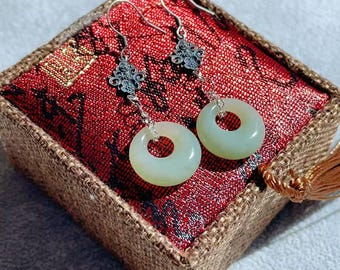 Natural Green Jade Drop Earrings,  Nephrite Green Jade Earrings, Round Circle Jade, Minimalist Jade Earrings, 925 Silver Light Green Jade