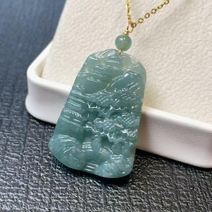 Handcrafted Blue Jadeite Mountain Pendant: 18K Gold Stainless Steel