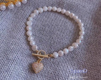 ToparaD, pulsera de perlas de agua dulce, pulsera de cuentas de perlas, pulsera de perlas delicadas con corazón, pulsera de dijes de corazón, regalo para mujer