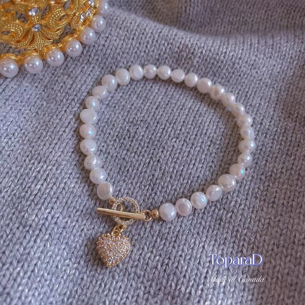 ToparaD, Freshwater Pearl Bracelet, Pearl Beaded Bracelet, Dainty Pearl Bracelet With Heart, Heart Charm Bracelet, Gift for Women