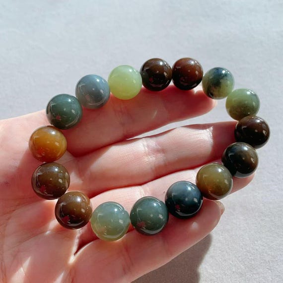 Certified Multi Color Jade Bracelet, Rainbow Jade Bracelet, Yellow Brown Jade Bracelet, Minimalist Jade Bracelet, 12mm Jade, 糖玉