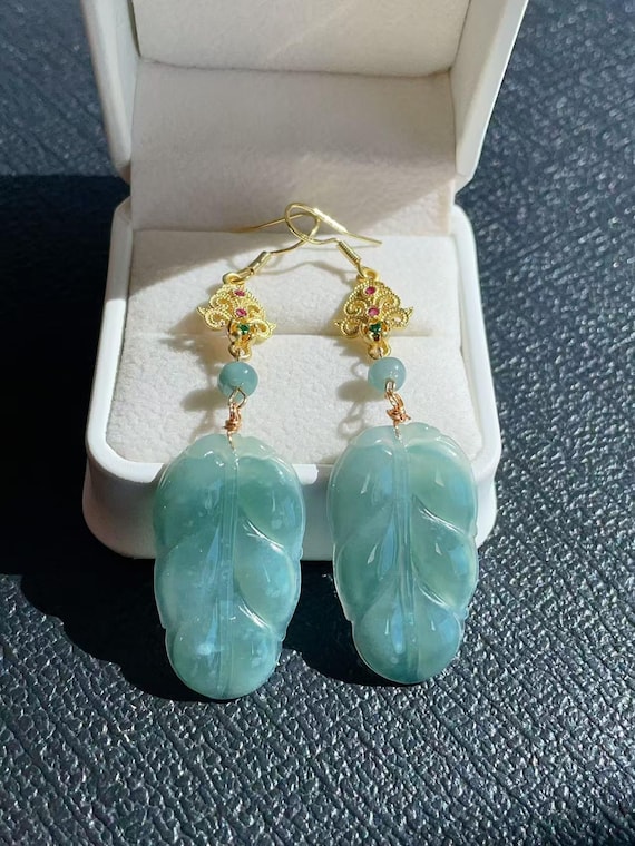 Certified Natural Blue Jade Leaf Earrings : 925 Silver Hooks, Undyed Natural Jadeite, Gift for Her