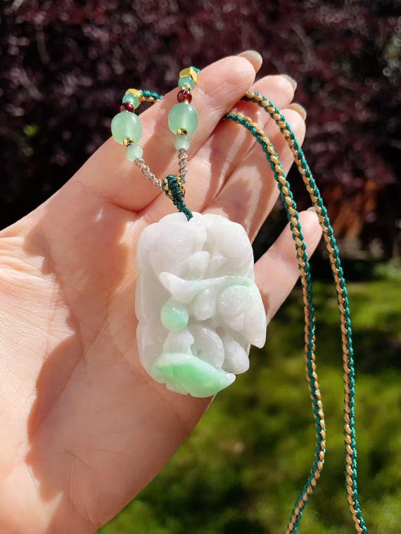 Handcrafted Jadeite Koi Pendant Necklace: Lucky Creamy White & Green Jade