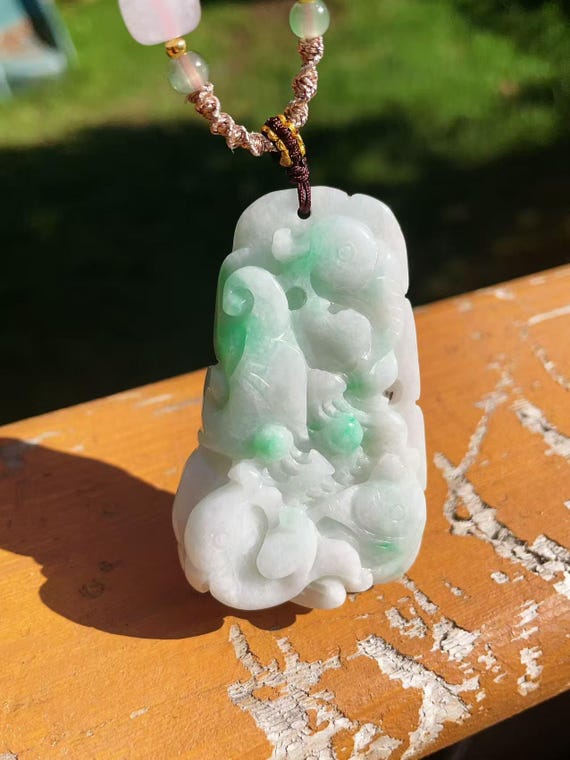 Amazing! Certified Natural Jadeite Pendant Necklace, Handcraft Lucky Koi Pendent, Creamy White and Green Jadeite, Koi Jade Pendent, 翡翠，锦鲤
