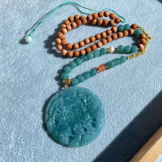 Certified Natural Blue Jadeite Phoenix & Peony Pendant Necklace,  Hand-Carved Jade Jewelry, Certified Large Jadeite Pendent, Gift for Her