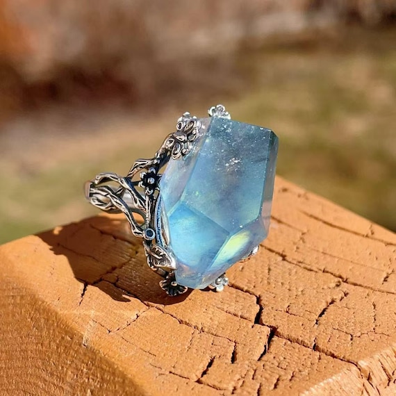 AMAZING! Certified Handcrafted Aquamarine Silver Ring, Large Aquamarine Oval Ring, High Grade Aquamarine, US6-9, Unique Raw Aquamarine Ring