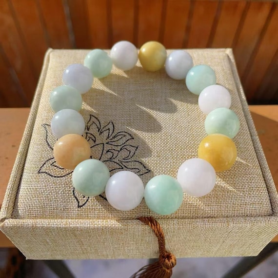 Multi Color Jadeite Bracelet, 14mm Jadeite Bracelet, Certified Natural Jadeite Beaded Bracelet, Large Jade Bracelet, Gift for Everyone