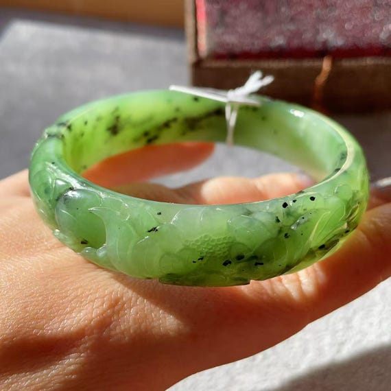 Certified Hand-Carved Kiwi Green Jade Bangle: Floral Nephrite, 58.3mm Thick Bangle Bracelet, Natural Nephrite Jade Bangle