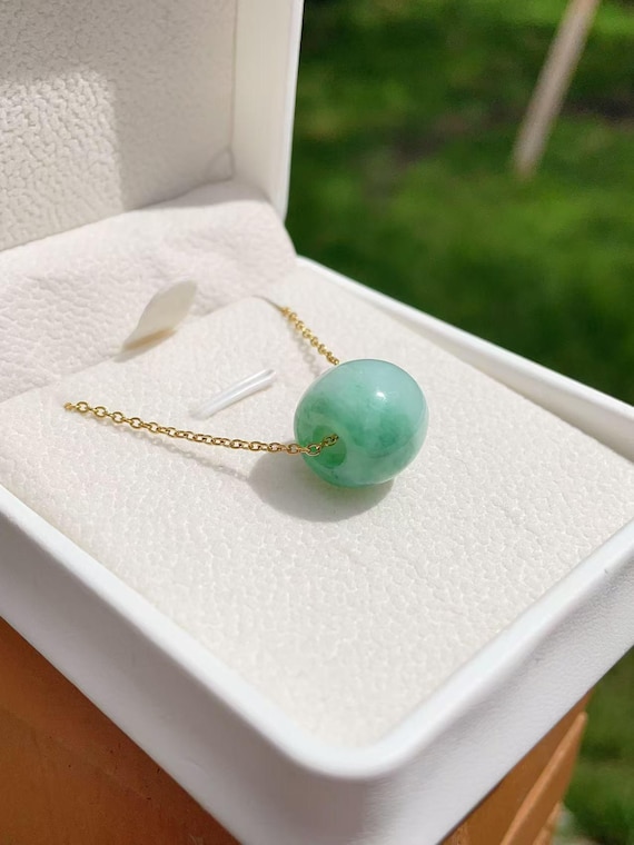 DEAL! Certified Natural Green Jade Bead Necklace, Barrel Bead Rolo Pendent, Minimalist Lucky Charm Jade, Type A Jadeite Pendent , 翡翠，路路通