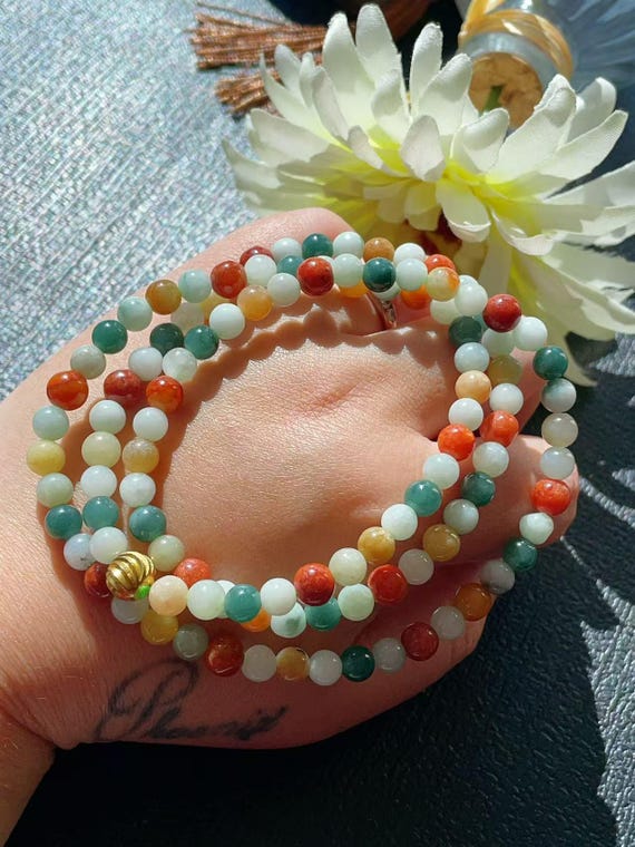 Rainbow Jadeite Beaded Necklace: Natural Untreated Jade Chain, 6mm Beaded Necklace, 24 Inch