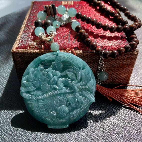 WOW! Certified Natural Jadeite Double-Sided Floral Basket Pendant, Large Jade Pendent Necklace, Handcraft Jadeite Pendent, Gift for Everyone