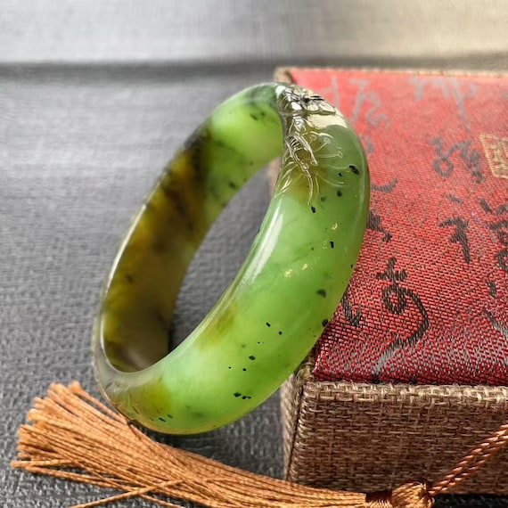 Certified Hand-Carved Kiwi Green Jade Bangle: Honey-Tone Floral Nephrite, 57.7mm Thick Bangle Bracelet, Natural Nephrite Jade Bangle