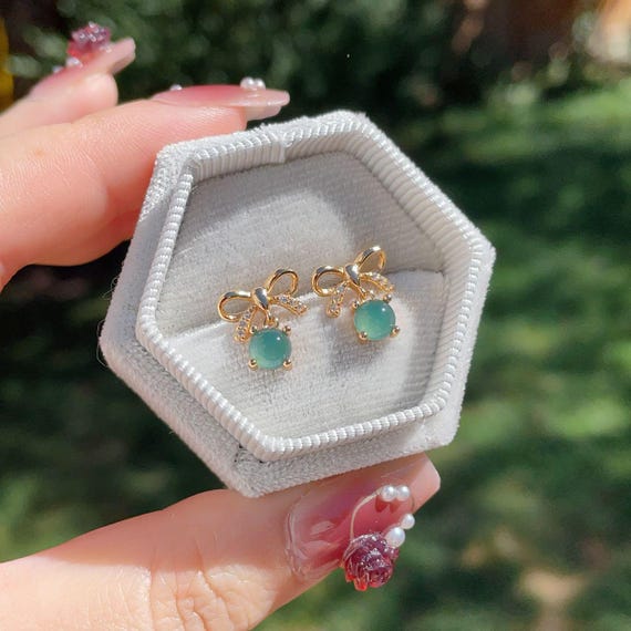 Natural Blue Jadeite Bow Stud Earrings, Jadeite Studs, Ribbon Bow Earrings, Natural Blue Jade Silver Earrings,  蓝水翡翠，Gift for her