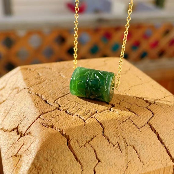 Certified Green Jade Rolo Pendent Necklace, Natural Jade Necklace, Green Jade Bead Pendent, Lucky Necklace, Gift for her