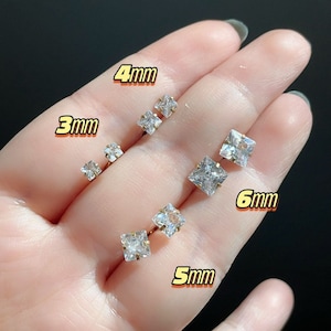 Minimalist Princess Cut Stud Earrings, Square Diamond Stud Earrings, Diamond Cartilage Stud Earrings, Tiny Crystal Studs, Gift for Her