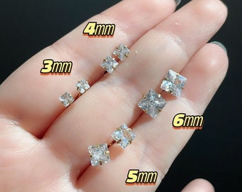 Minimalist Princess Cut CZ Stud Earrings: Titanium Square Crystal Studs