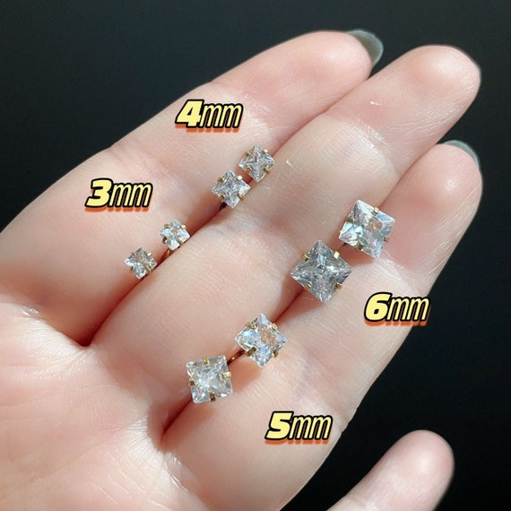 Minimalist Princess Cut Stud Earrings, Square Diamond Stud Earrings, Diamond Cartilage Stud Earrings, Tiny Crystal Studs, Gift for Her