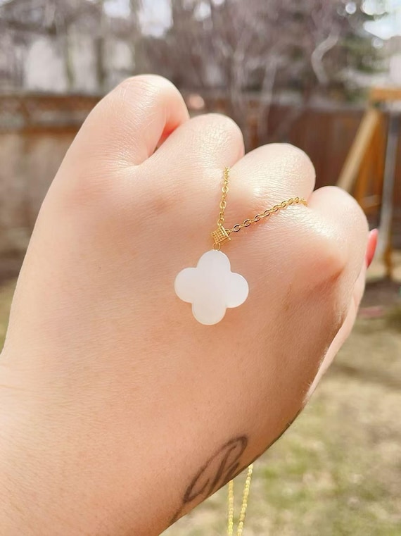 Certified White Jade 18K Gold, Four Leaf Clover Pendent Necklace, High Grade white Jade Leaf Necklace, 18K Jade Pendent, Gift for Her,白玉