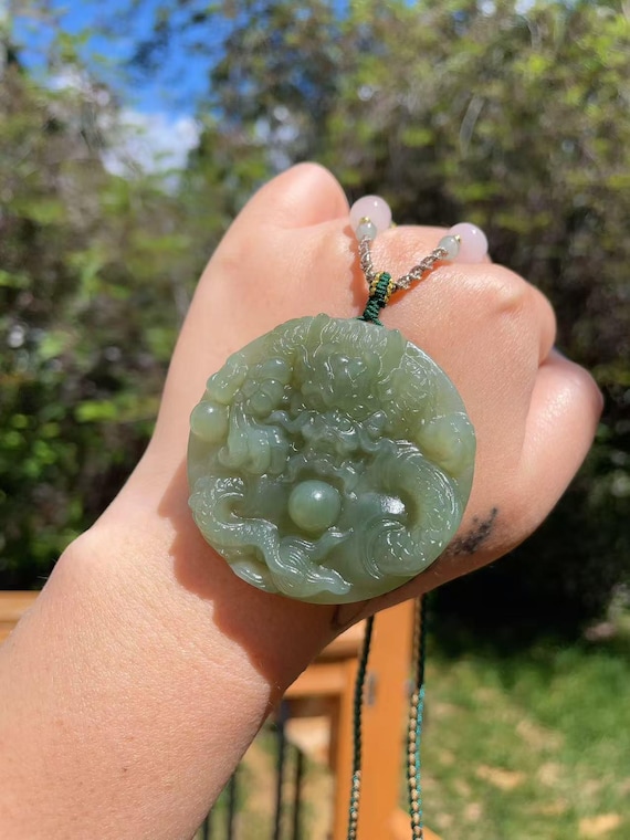 Certified Lake Green Jade Pendent Necklace, Green Jade Dragon Pendent , Handcraft Dragon Pendent, Protection Power Necklace, Nephrite，龙牌