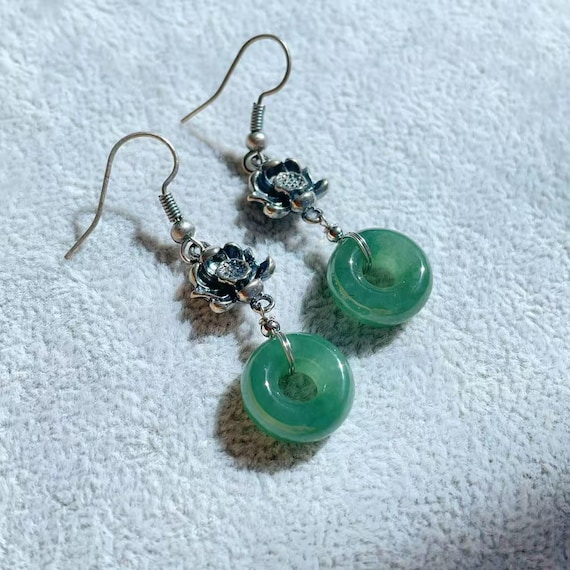 Blue Jadeite Dangle Earrings, Minimalist Jade Circle Earrings, Natural Jade Dropped Earrings